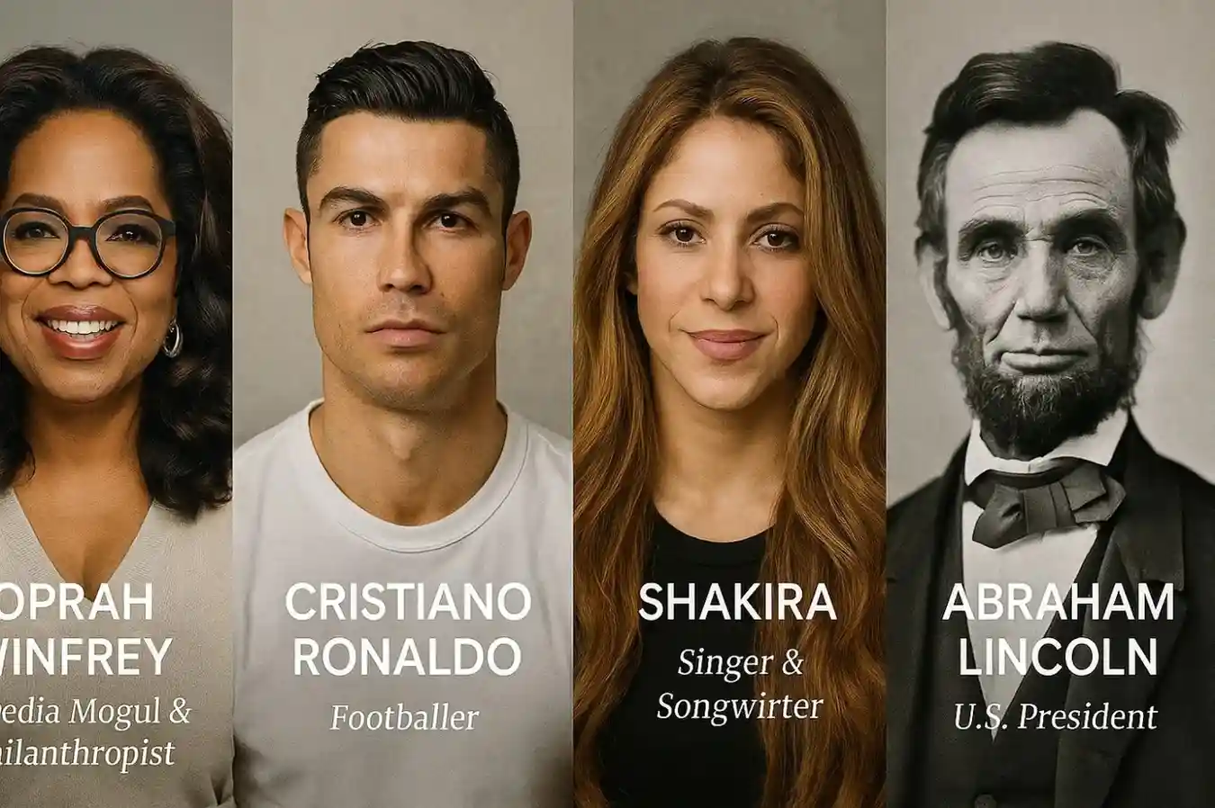 A collage of famous Aquarians with their names and achievements